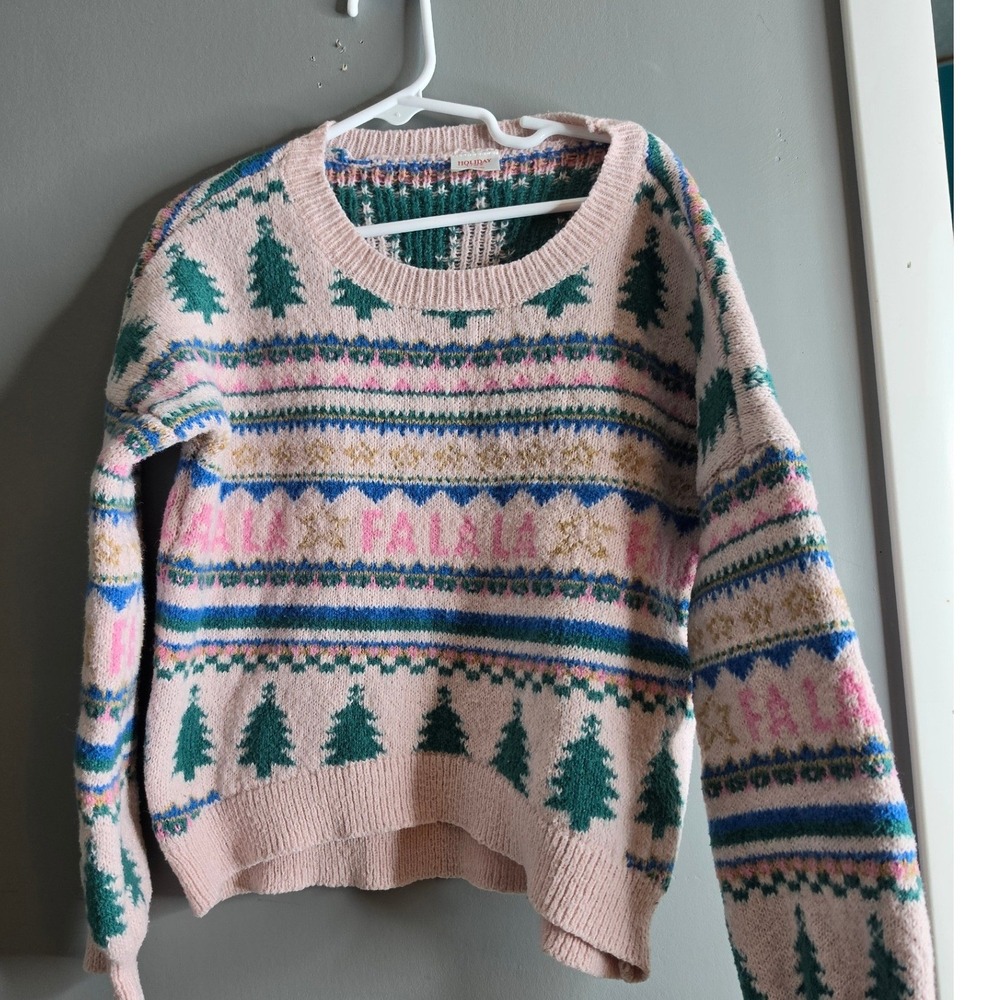 Holiday Time Girls Pink Fair Isle Christmas Sweater Fa La La Trees Size M 7-8